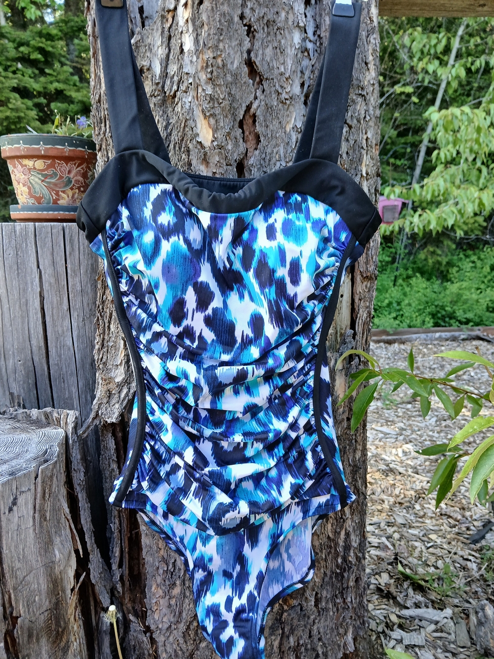 INC Ruched Blue Multi-Print One-Piece Swimsuit Size 12